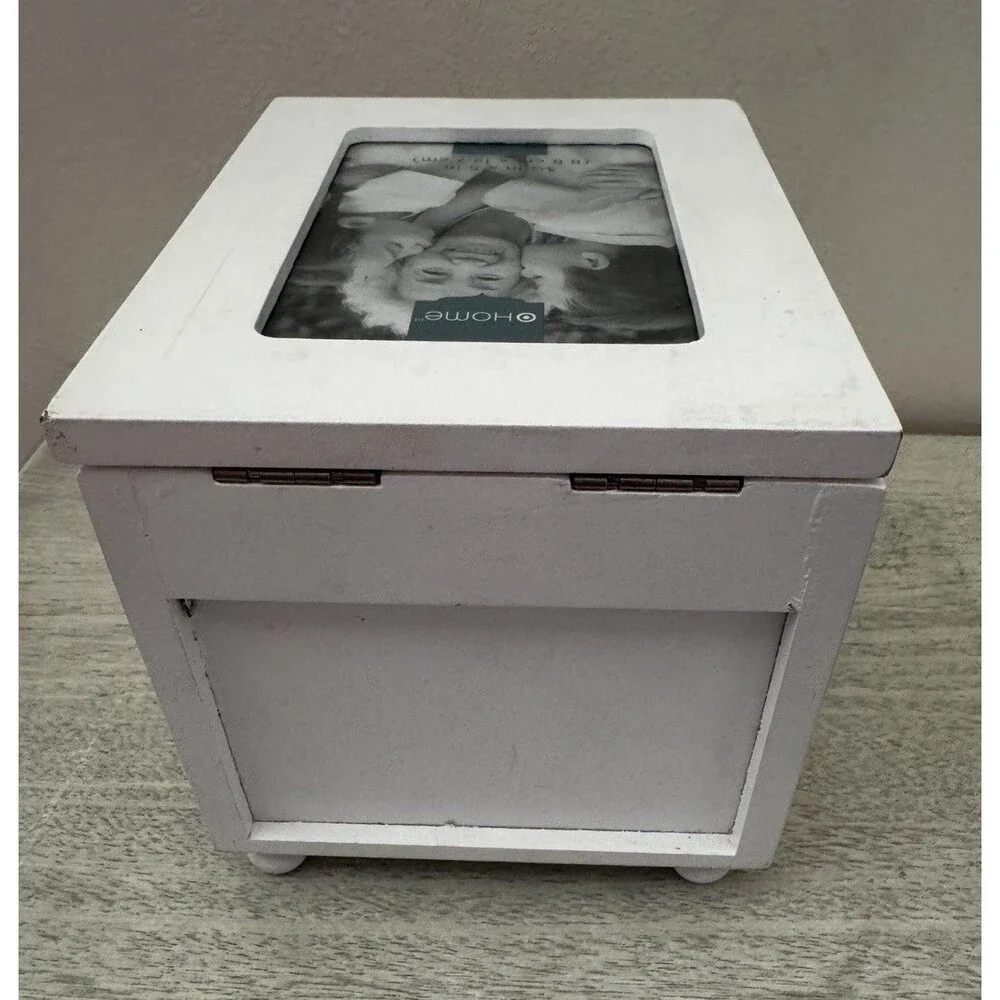 White Wood Jewelry Box 3 Drawers Mirror Ring Rolls Picture Frame 